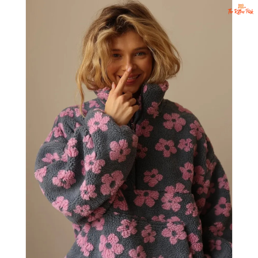 Women's loose lamb wool print sweater with zipper closure, raglan sleeves, and extra-heavy flannel fabric for autumn and spring warmth.