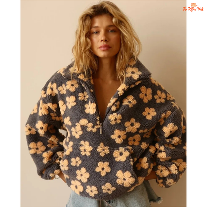 Women's loose lamb wool print sweater with zipper closure, raglan sleeves, and extra-heavy flannel fabric for autumn and spring warmth.