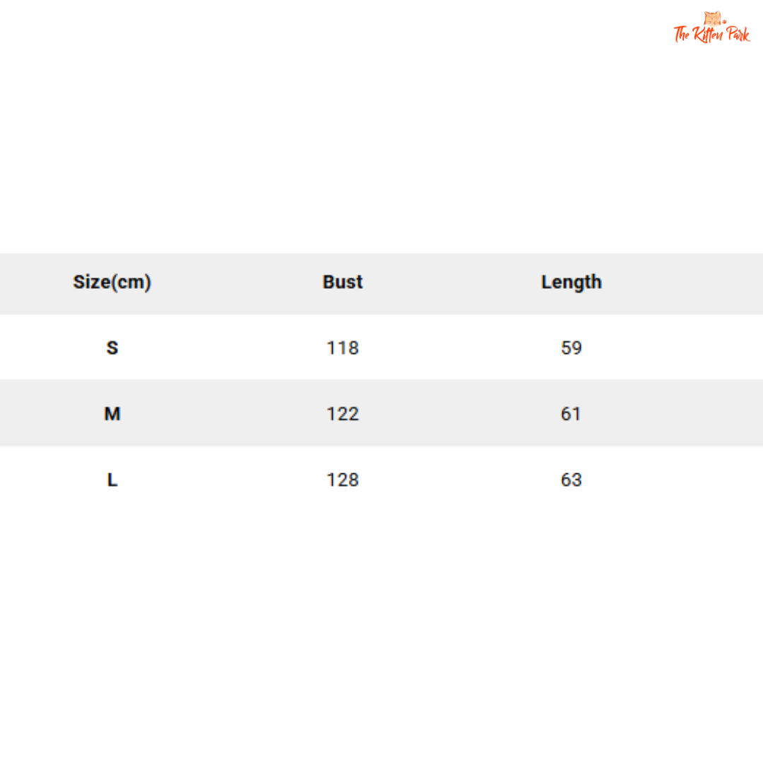 Size chart for clothing with bust and length measurements in centimeters.