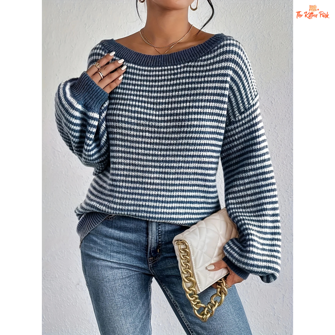 2026 striped round neck pullover knit sweater with loose fit, O-neck design, and soft polyester fabric suitable for all seasons.