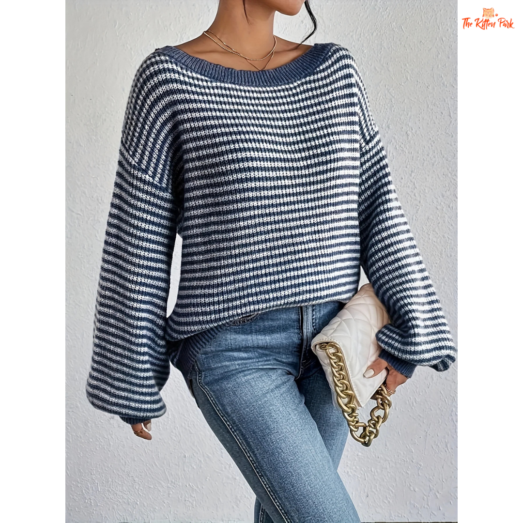 2026 striped round neck pullover knit sweater with loose fit, O-neck design, and soft polyester fabric suitable for all seasons.
