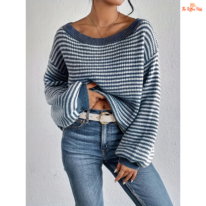 2026 striped round neck pullover knit sweater with loose fit, O-neck design, and soft polyester fabric suitable for all seasons.