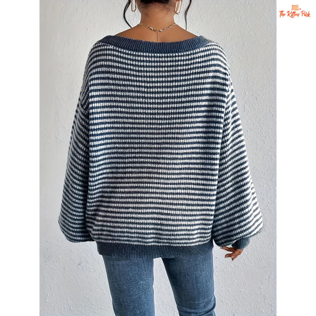 2026 striped round neck pullover knit sweater with loose fit, O-neck design, and soft polyester fabric suitable for all seasons.