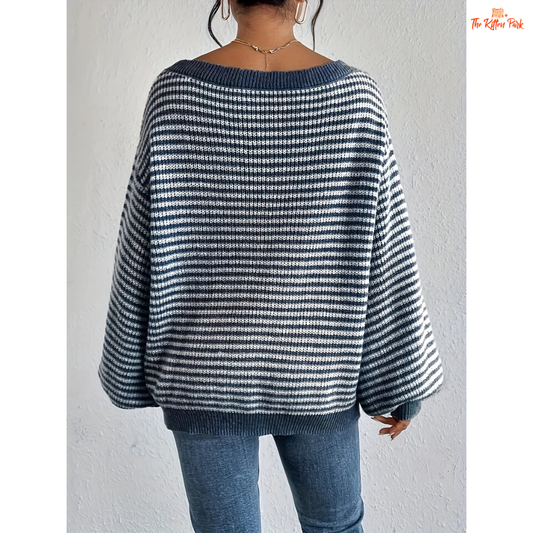 2026 striped round neck pullover knit sweater with loose fit, O-neck design, and soft polyester fabric suitable for all seasons.
