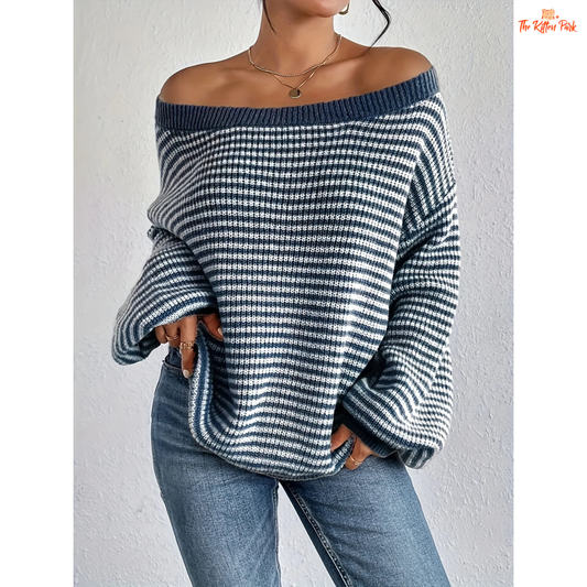 2026 striped round neck pullover knit sweater with loose fit, O-neck design, and soft polyester fabric suitable for all seasons.