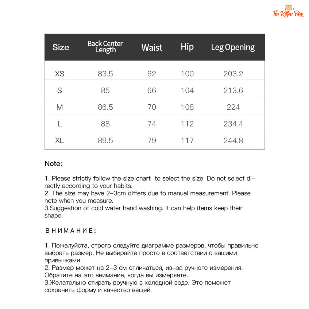 Size chart for pants with measurements in centimeters
