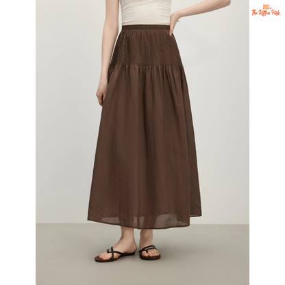 2026 Summer Women’s High Waist A-Line Skirt with elegant flared hem, empire waist, and mid-calf length, perfect for office and summer wear.