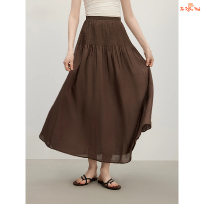 2026 Summer Women’s High Waist A-Line Skirt with elegant flared hem, empire waist, and mid-calf length, perfect for office and summer wear.