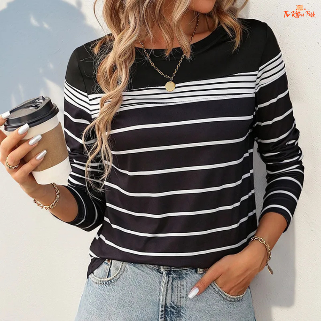 2026 Women’s Casual Striped Long Sleeve T-Shirt Autumn Style with jersey knit fabric, patchwork stripes, O-neck design, and casual fit.