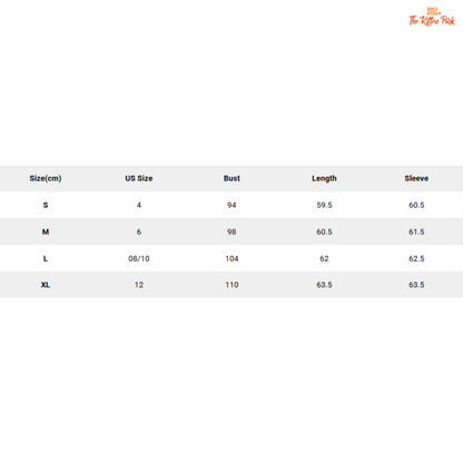 Size chart for clothing with measurements in centimeters and US sizes.