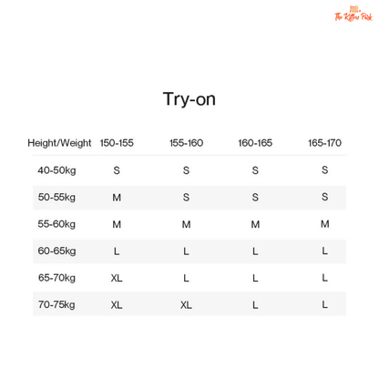 Size chart for clothing based on height and weight with 'Thekittenpark' logo.