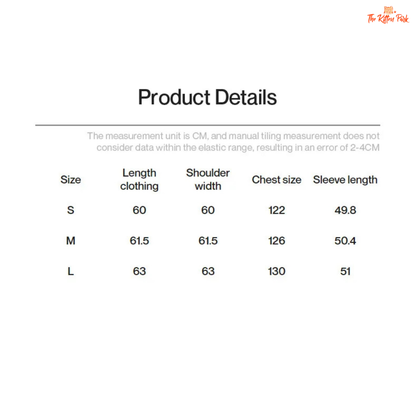 Product details table for clothing measurements in centimeters