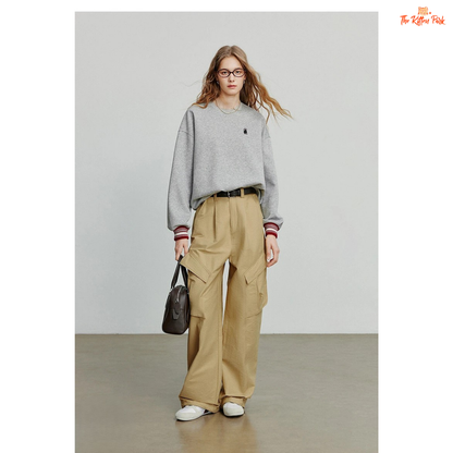 2026 Women's Cat Embroidery Striped Sleeve Cotton Pullover with cute cat embroidery, striped sleeves, and loose casual autumn style.