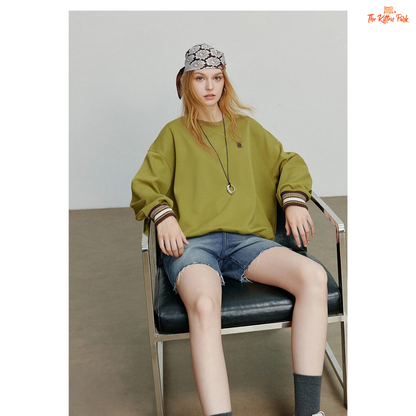 2026 Women's Cat Embroidery Striped Sleeve Cotton Pullover with cute cat embroidery, striped sleeves, and loose casual autumn style.