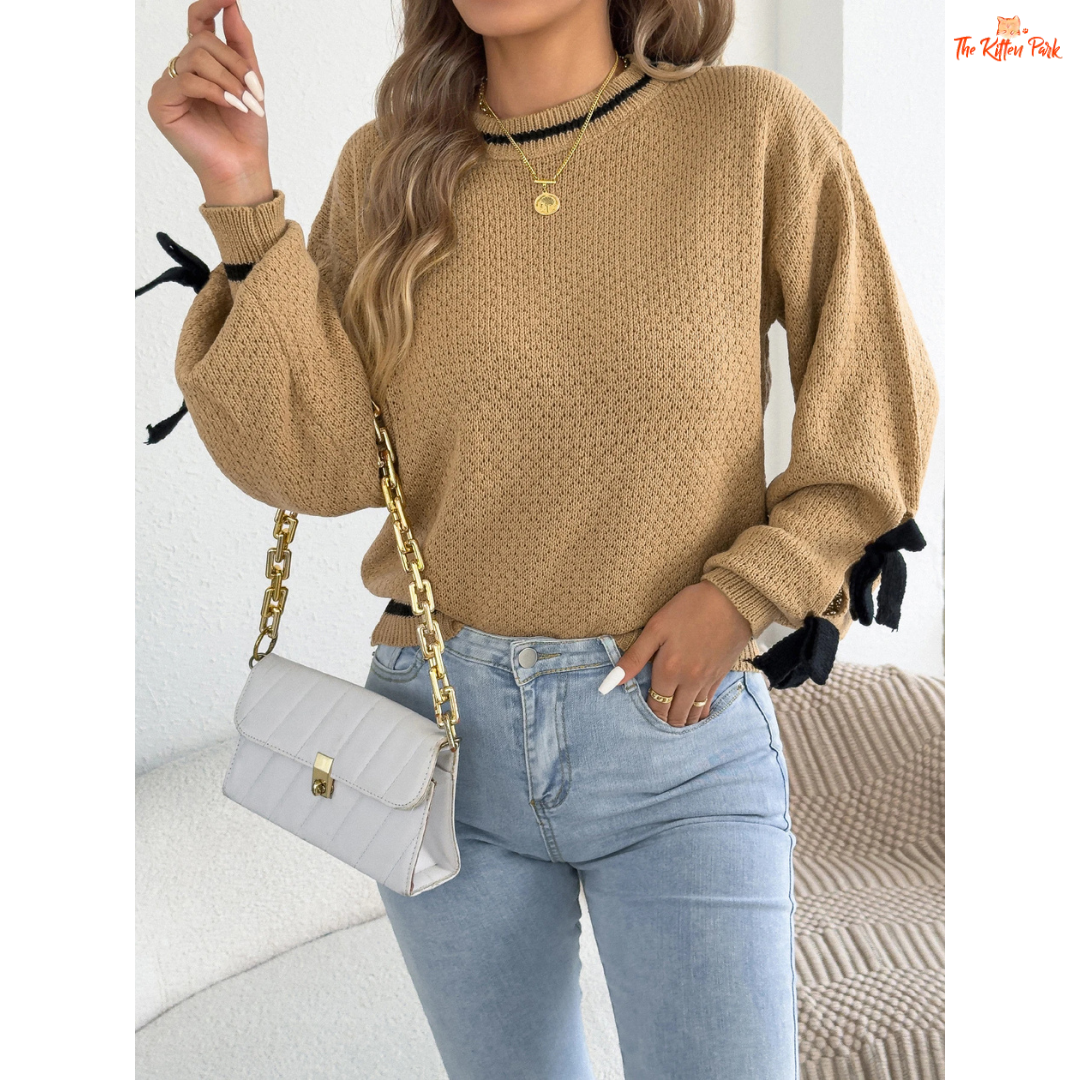 Acrylic knit 2026 Women’s Color Block Bow Knit Sweater with lantern sleeves, striped pattern, and bow detail in a casual autumn/winter style.