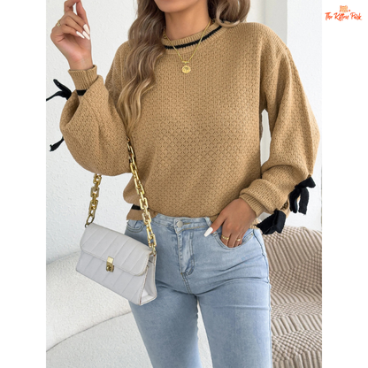 Acrylic knit 2026 Women’s Color Block Bow Knit Sweater with lantern sleeves, striped pattern, and bow detail in a casual autumn/winter style.