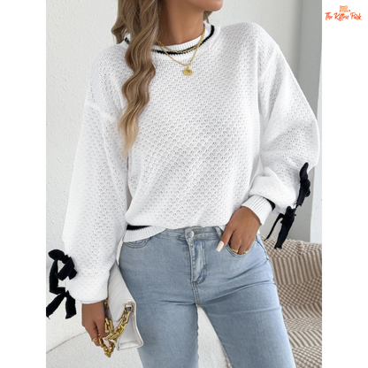 Acrylic knit 2026 Women’s Color Block Bow Knit Sweater with lantern sleeves, striped pattern, and bow detail in a casual autumn/winter style.