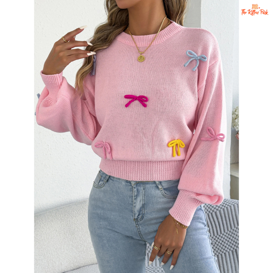 2026 Women’s Contrast Bow Knit Sweater Lantern Sleeve in solid acrylic with bow detail, lantern sleeves, and regular fit for autumn/winter wear.