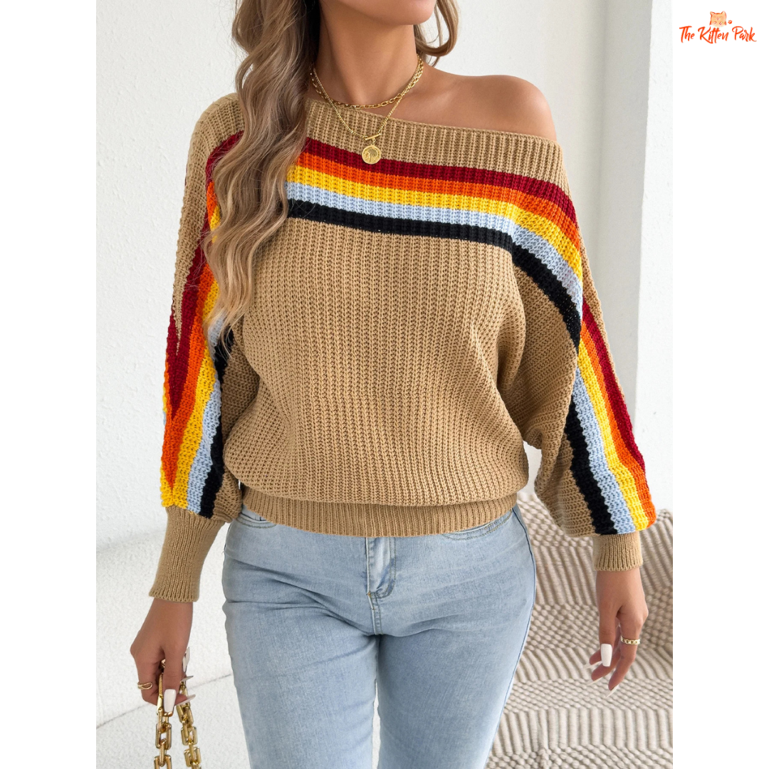 A 2026 Women’s Contrast Stripe Lantern Sleeve Knit Sweater in heavyweight acrylic, featuring lantern sleeves, O-neck, and regular fit for autumn and winter.