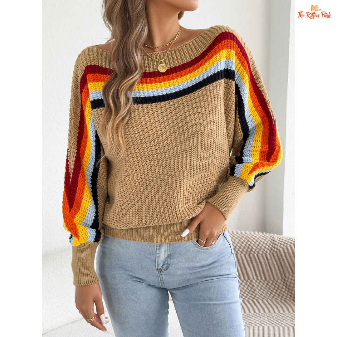 A 2026 Women’s Contrast Stripe Lantern Sleeve Knit Sweater in heavyweight acrylic, featuring lantern sleeves, O-neck, and regular fit for autumn and winter.