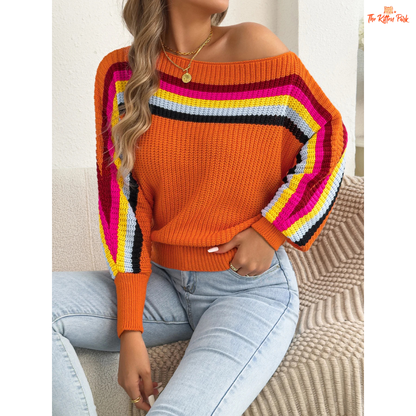 A 2026 Women’s Contrast Stripe Lantern Sleeve Knit Sweater in heavyweight acrylic, featuring lantern sleeves, O-neck, and regular fit for autumn and winter.
