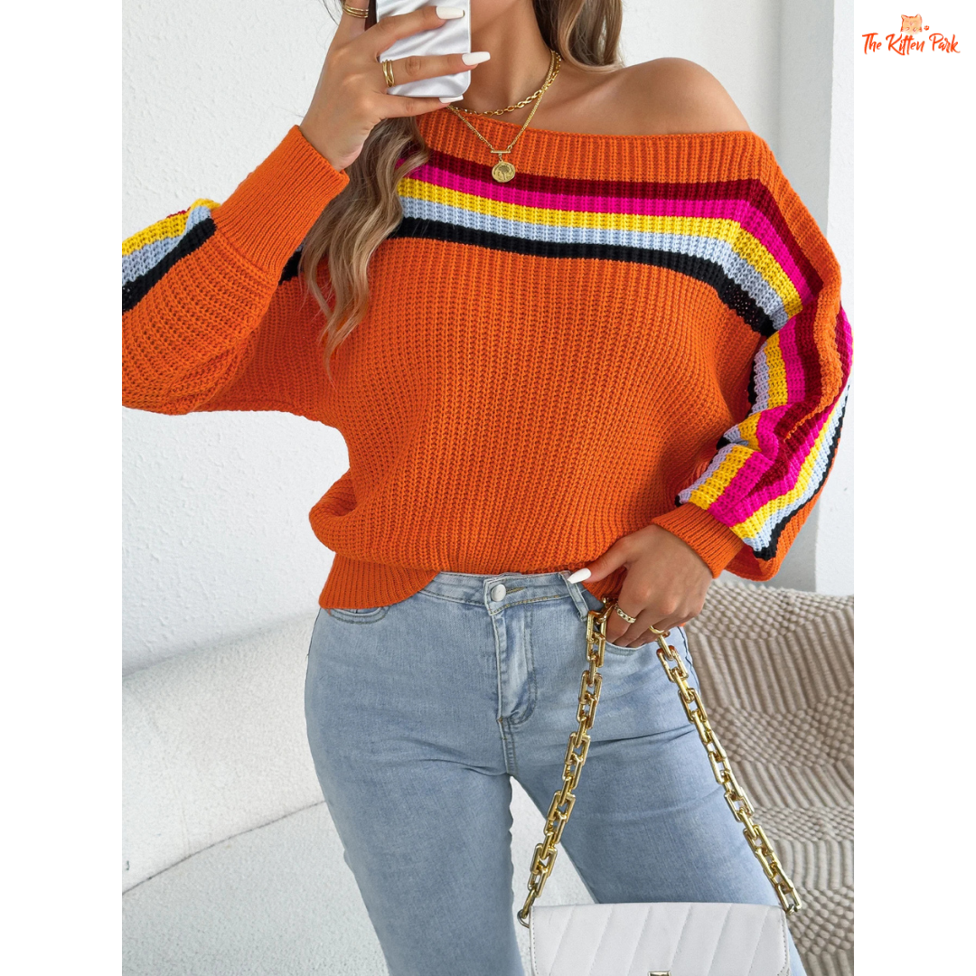 A 2026 Women’s Contrast Stripe Lantern Sleeve Knit Sweater in heavyweight acrylic, featuring lantern sleeves, O-neck, and regular fit for autumn and winter.