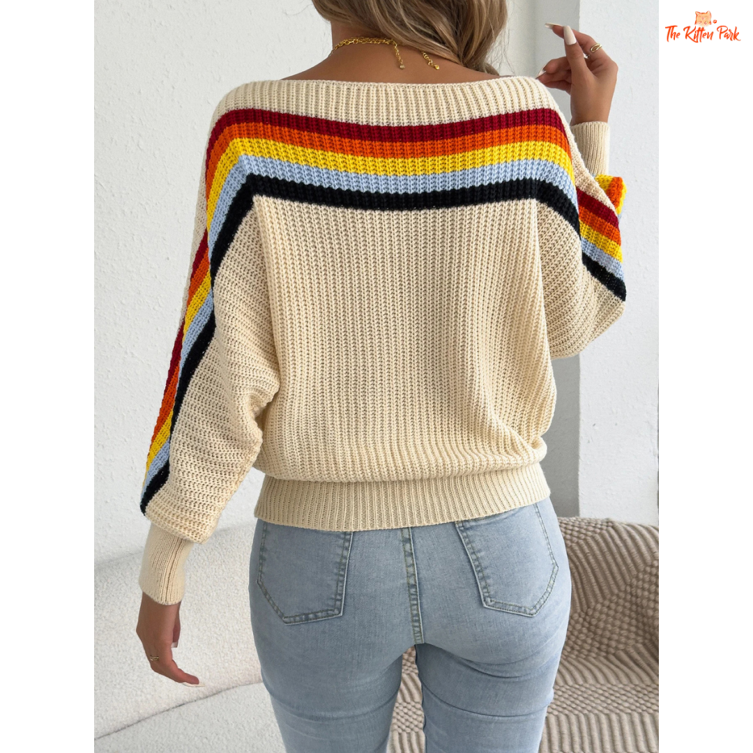 A 2026 Women’s Contrast Stripe Lantern Sleeve Knit Sweater in heavyweight acrylic, featuring lantern sleeves, O-neck, and regular fit for autumn and winter.