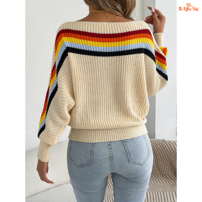 A 2026 Women’s Contrast Stripe Lantern Sleeve Knit Sweater in heavyweight acrylic, featuring lantern sleeves, O-neck, and regular fit for autumn and winter.