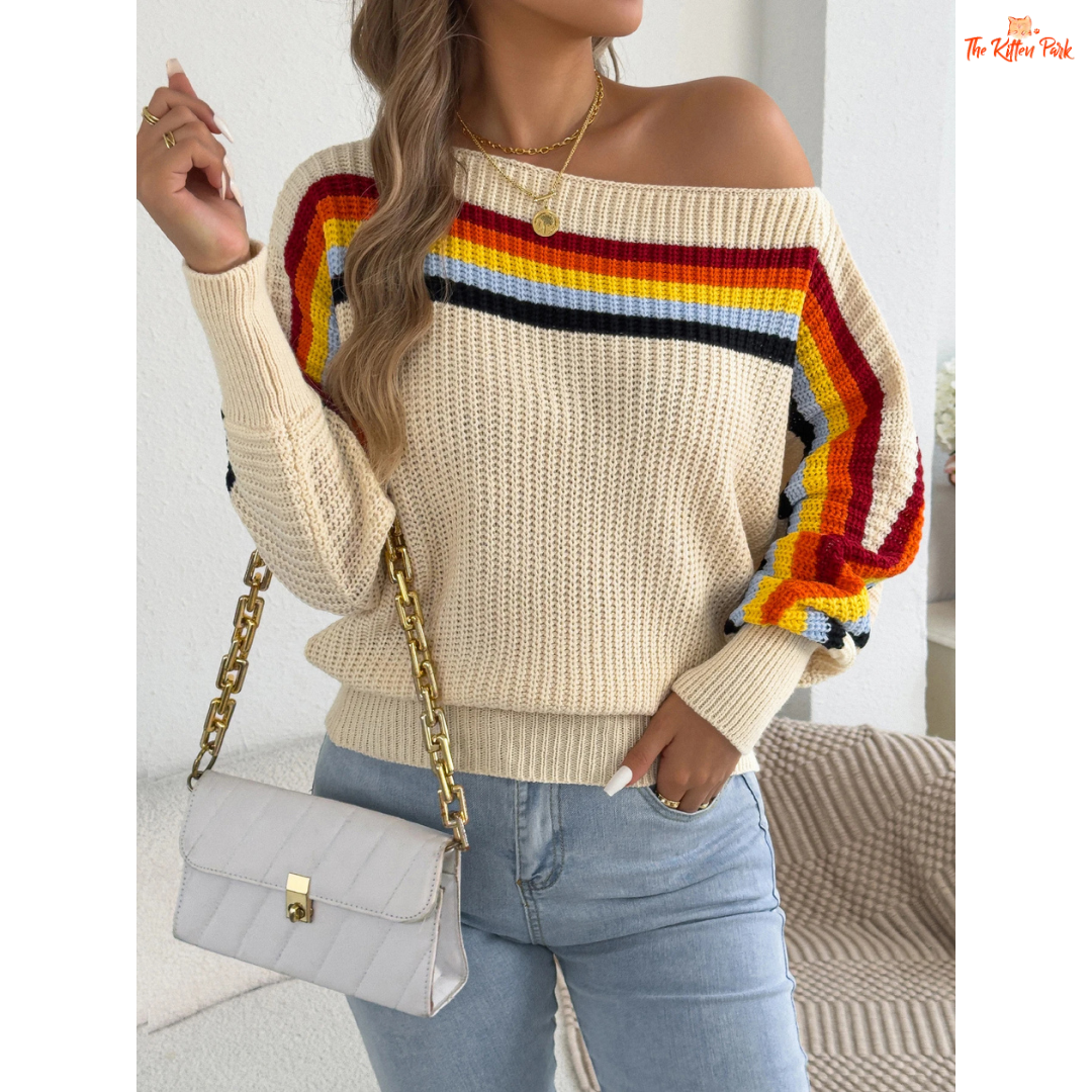 A 2026 Women’s Contrast Stripe Lantern Sleeve Knit Sweater in heavyweight acrylic, featuring lantern sleeves, O-neck, and regular fit for autumn and winter.