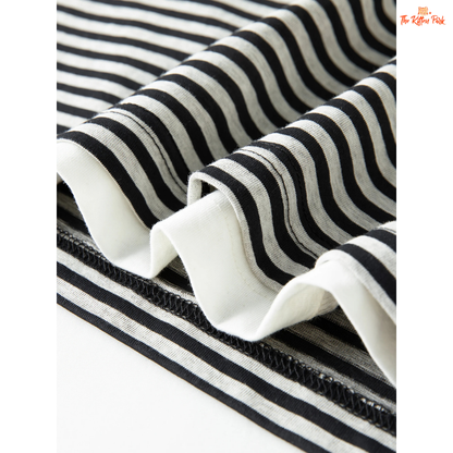 2026 Women's Retro Striped Fake Two-Piece V-Neck T-Shirt with retro stripes, layered look, and casual fit for all-season wear.