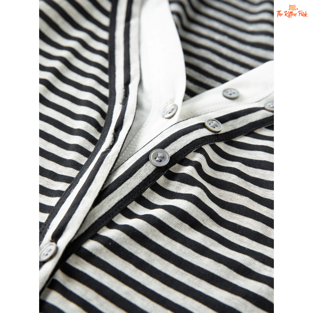 2026 Women's Retro Striped Fake Two-Piece V-Neck T-Shirt with retro stripes, layered look, and casual fit for all-season wear.