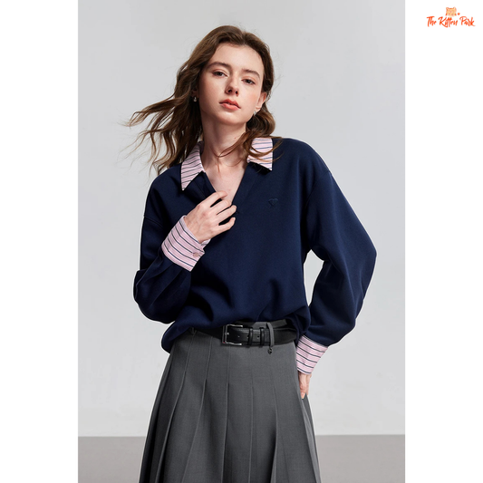 2026 Women's V-Neck Fake Two-Piece Color Block Pullover with navy and grey tones, loose fit, drop sleeves, and office-lady casual style.