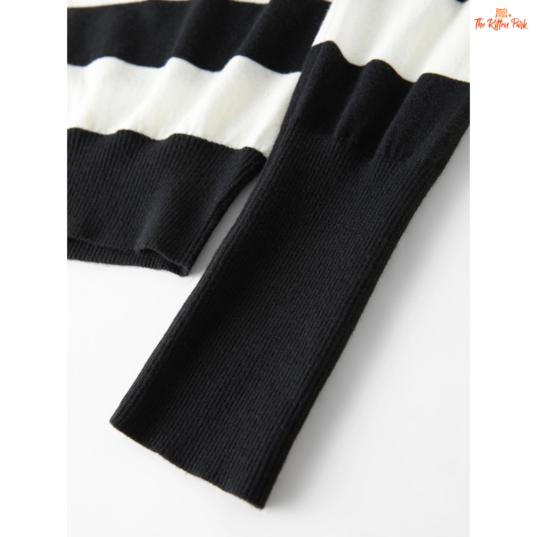 2026 Women's V-neck Striped Fake Two-Piece Wool Sweater with layered look, striped knit pattern, and casual autumn/winter style.