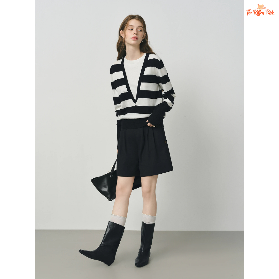 2026 Women's V-neck Striped Fake Two-Piece Wool Sweater with layered look, striped knit pattern, and casual autumn/winter style.