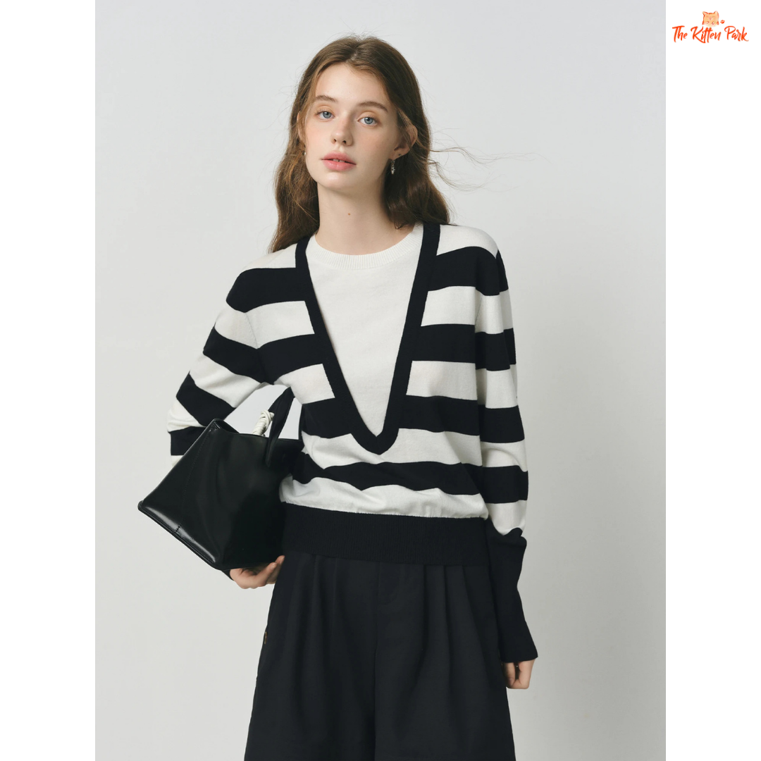 2026 Women's V-neck Striped Fake Two-Piece Wool Sweater with layered look, striped knit pattern, and casual autumn/winter style.