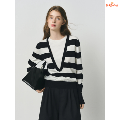 2026 Women's V-neck Striped Fake Two-Piece Wool Sweater with layered look, striped knit pattern, and casual autumn/winter style.