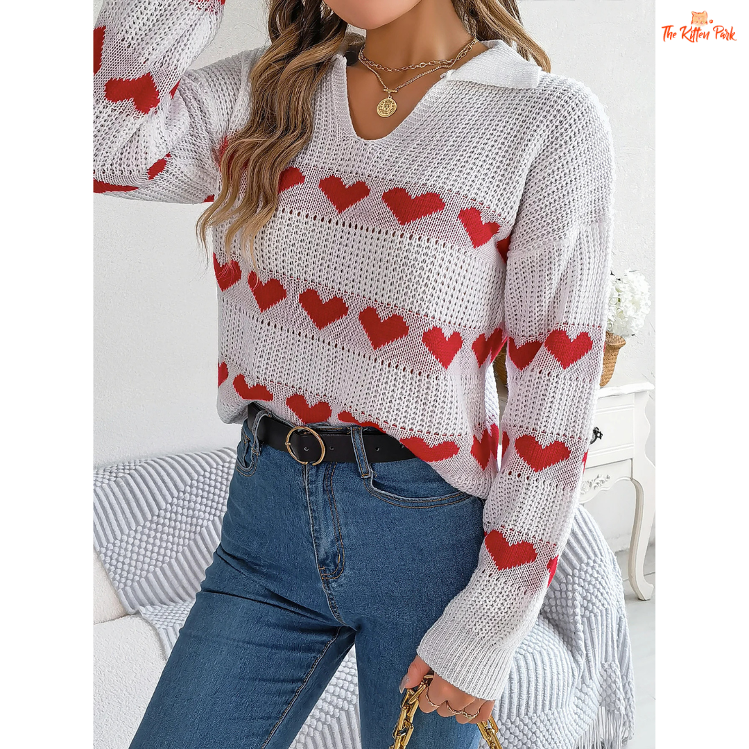 2026 Women’s V Neck Heart Pattern Knit Sweater Lantern Sleeve in heavyweight acrylic with heart geometric knit, V-neck, and regular fit for autumn/winter.