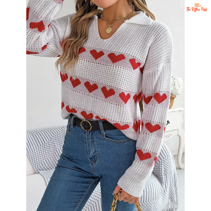 2026 Women’s V Neck Heart Pattern Knit Sweater Lantern Sleeve in heavyweight acrylic with heart geometric knit, V-neck, and regular fit for autumn/winter.