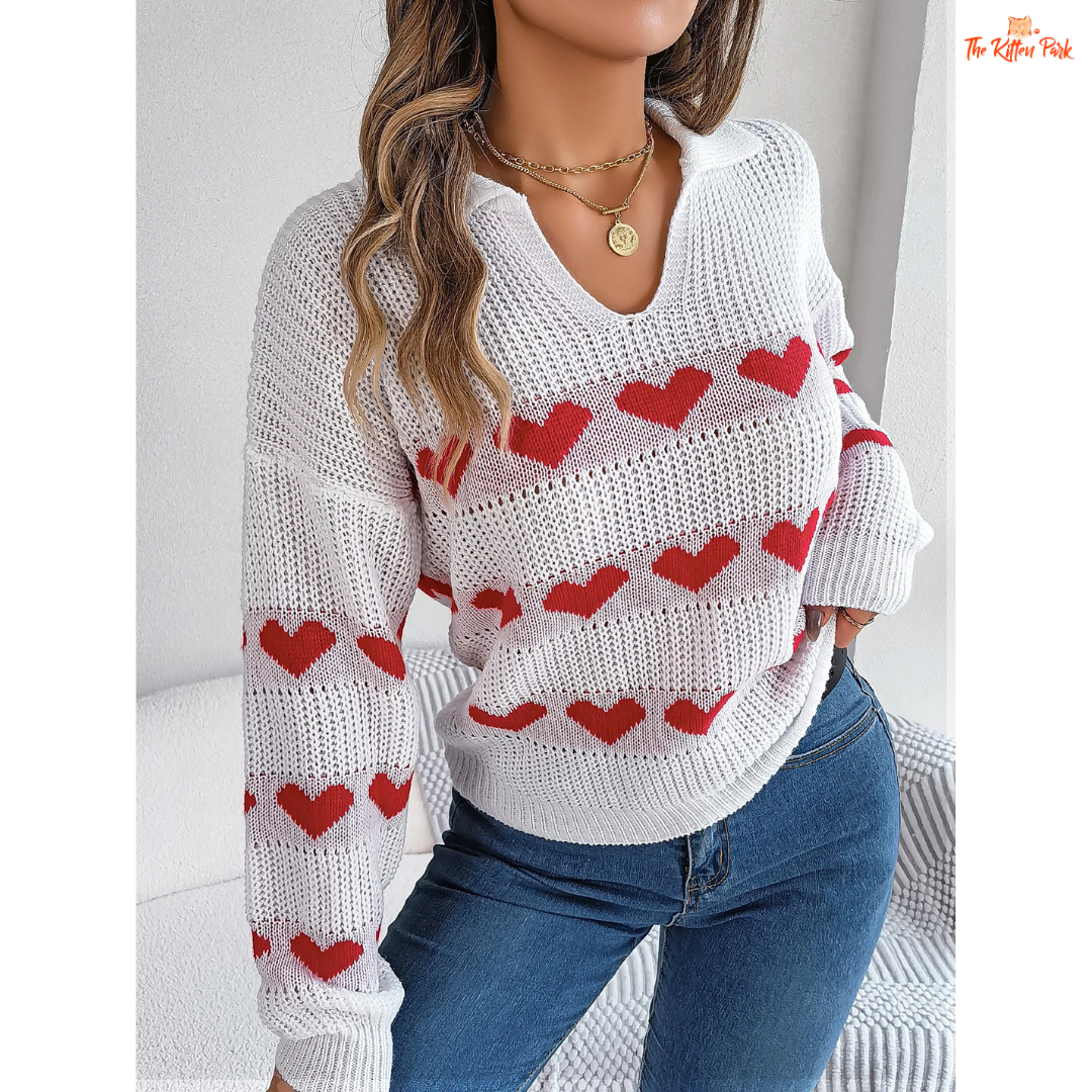 2026 Women’s V Neck Heart Pattern Knit Sweater Lantern Sleeve in heavyweight acrylic with heart geometric knit, V-neck, and regular fit for autumn/winter.