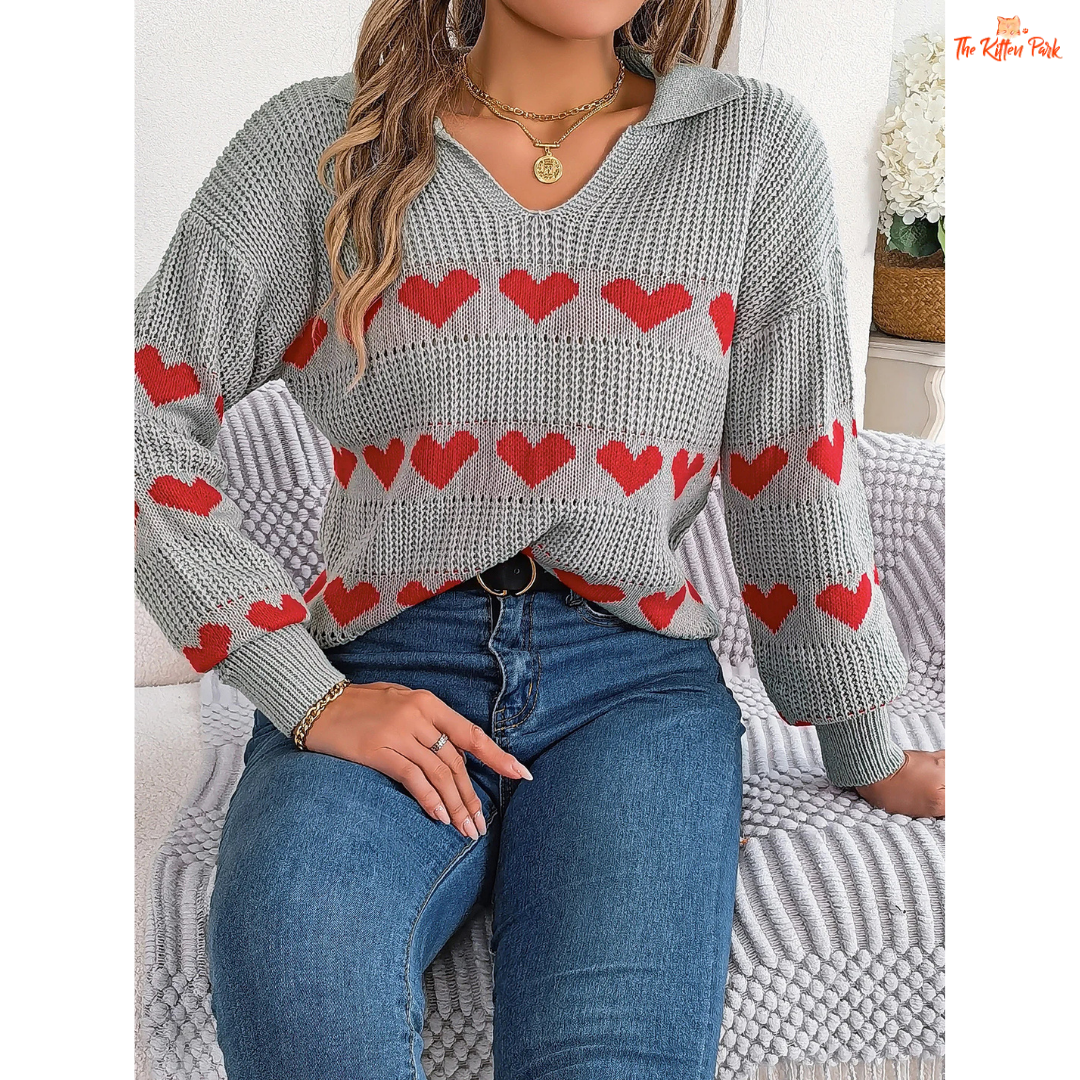 2026 Women’s V Neck Heart Pattern Knit Sweater Lantern Sleeve in heavyweight acrylic with heart geometric knit, V-neck, and regular fit for autumn/winter.