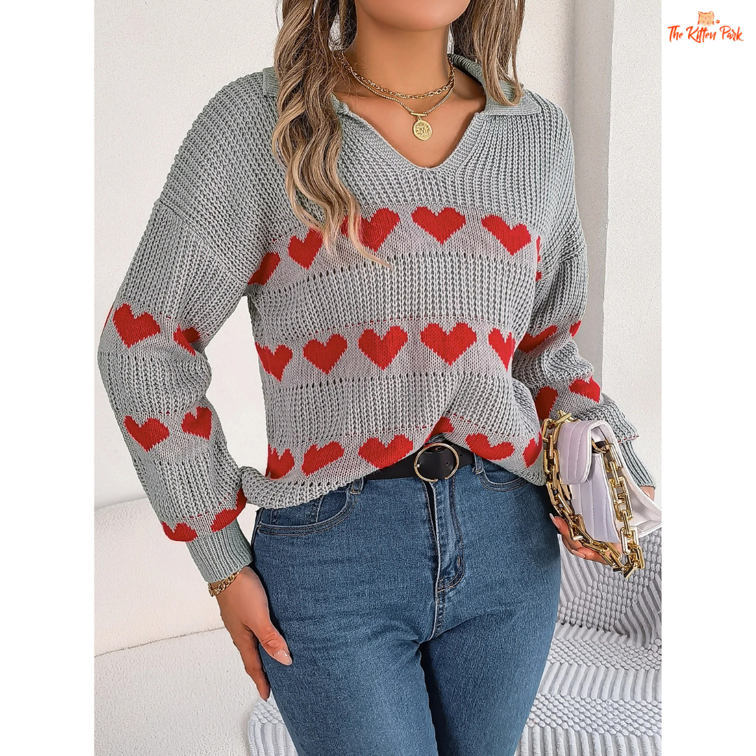 2026 Women’s V Neck Heart Pattern Knit Sweater Lantern Sleeve in heavyweight acrylic with heart geometric knit, V-neck, and regular fit for autumn/winter.