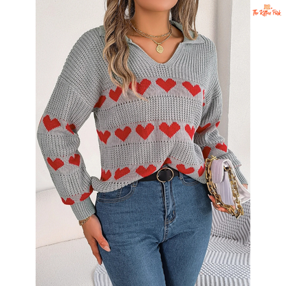 2026 Women’s V Neck Heart Pattern Knit Sweater Lantern Sleeve in heavyweight acrylic with heart geometric knit, V-neck, and regular fit for autumn/winter.