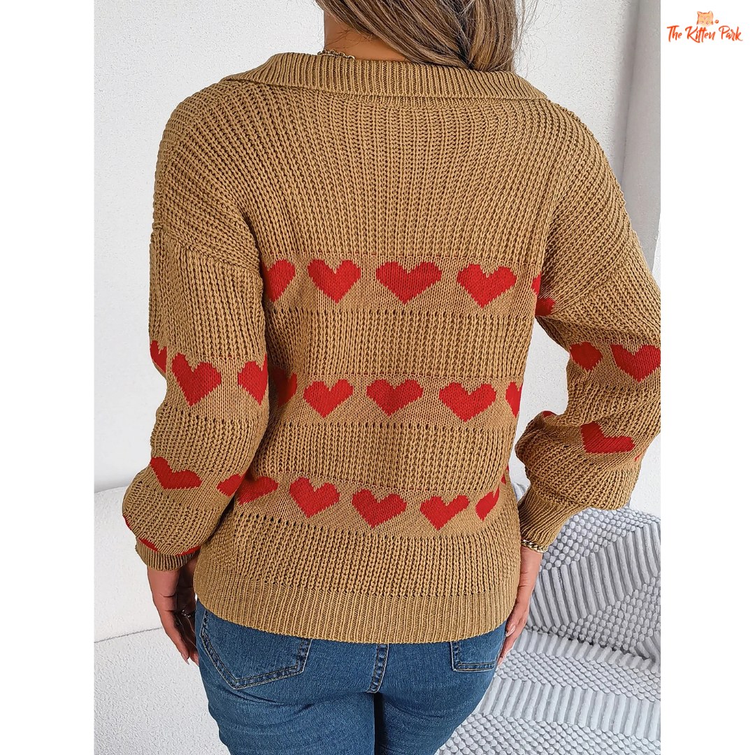 2026 Women’s V Neck Heart Pattern Knit Sweater Lantern Sleeve in heavyweight acrylic with heart geometric knit, V-neck, and regular fit for autumn/winter.