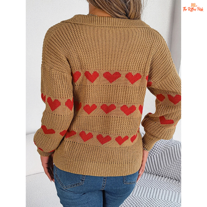 2026 Women’s V Neck Heart Pattern Knit Sweater Lantern Sleeve in heavyweight acrylic with heart geometric knit, V-neck, and regular fit for autumn/winter.