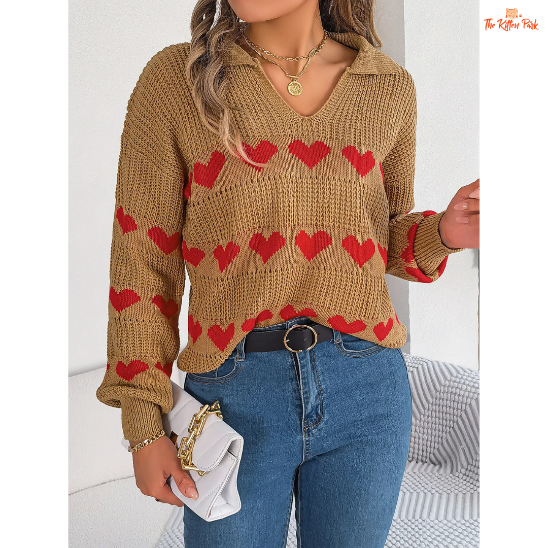 2026 Women’s V Neck Heart Pattern Knit Sweater Lantern Sleeve in heavyweight acrylic with heart geometric knit, V-neck, and regular fit for autumn/winter.