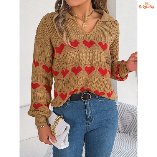 2026 Women’s V Neck Heart Pattern Knit Sweater Lantern Sleeve in heavyweight acrylic with heart geometric knit, V-neck, and regular fit for autumn/winter.
