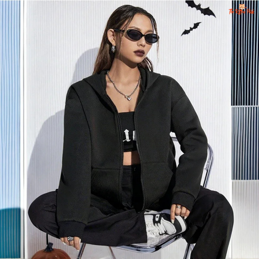 2026 Women's Zip Up Hoodie in pure solid color, featuring zipper closure, hood, and casual all-season design.