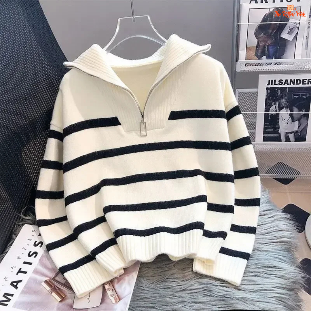 2026 Zipper Stripe Short Pullover Sweater for Women, loose fit, striped polyester knit with zipper, ideal for casual autumn/winter wear.