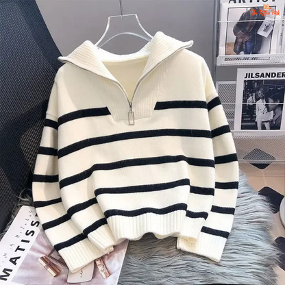 2026 Zipper Stripe Short Pullover Sweater for Women, loose fit, striped polyester knit with zipper, ideal for casual autumn/winter wear.