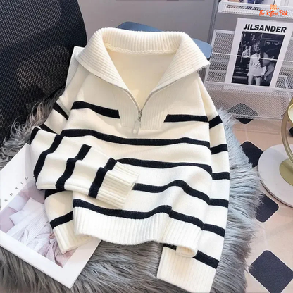2026 Zipper Stripe Short Pullover Sweater for Women, loose fit, striped polyester knit with zipper, ideal for casual autumn/winter wear.